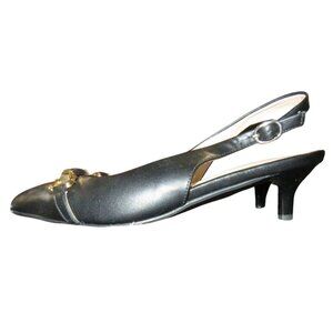 Horsebit Accent Black Vegan Leather Kitten Heel Slingbacks sz 35 or US 5